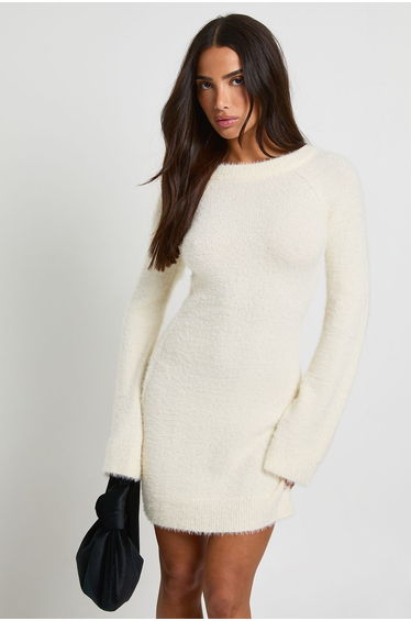 Petite Bow Back Detail Super Soft Knitted Mini Dress - cream