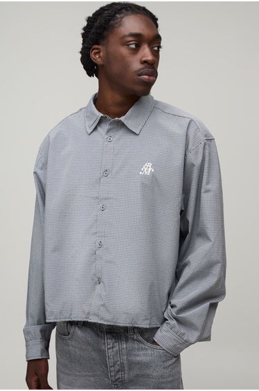 Oversized Crop Micro Check Long Sleeve Shirt - charcoal