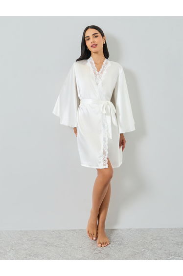 White Lace Trim Satin Robe