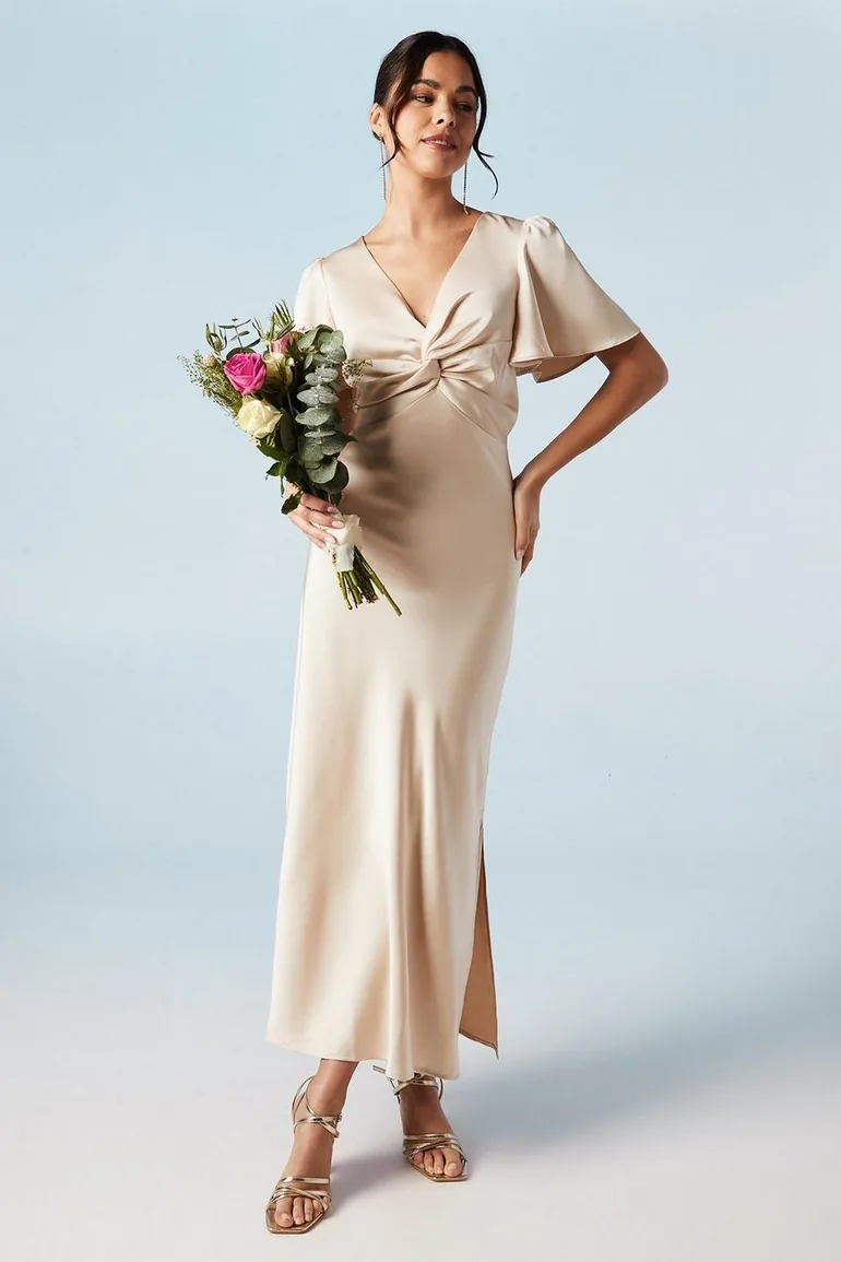 angel sleeve twist-front midi dress Oasis Satin Midi Bridesmaid Dress in Navy at Nordstrom, Size 4