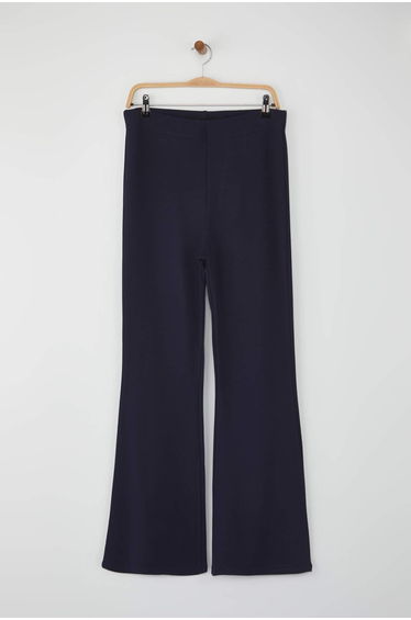 Navy Blue Slimming High Waist Flare/Flare Knitted Plus Size Trousers