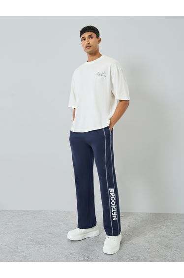 Men Navy Blue Oversized Side Panel Print Joggers