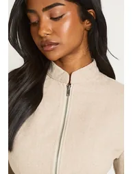 Herringbone High Neck Fitted Tailored Top - beige - 2