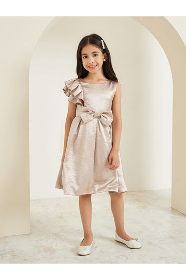 Girls Beige Pleated Sleeveless Dress with Bow Detail
