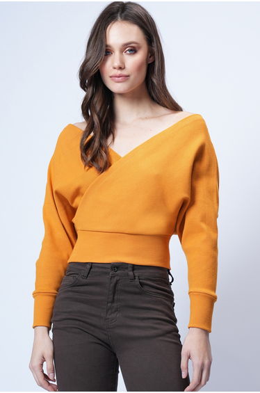 Women's Mustard Front Back V-Neck Double-Breasted Blouse