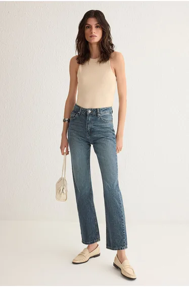 Blue Low Waist Straight Jeans