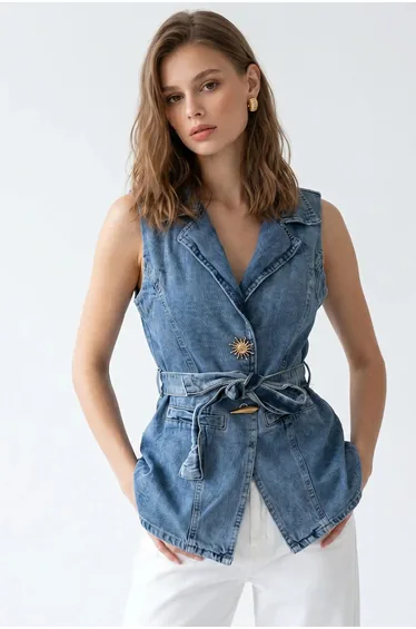 MIXRAY Women's Cotton Denim Waistcoat With Belt