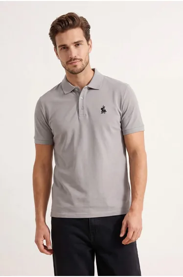 Gray Regular/Comfortable Fit Horse Embroidered Polo Neck T-Shirt