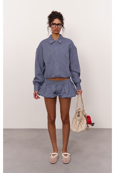Navy Gingham Textured Woven Puffball Shorts
