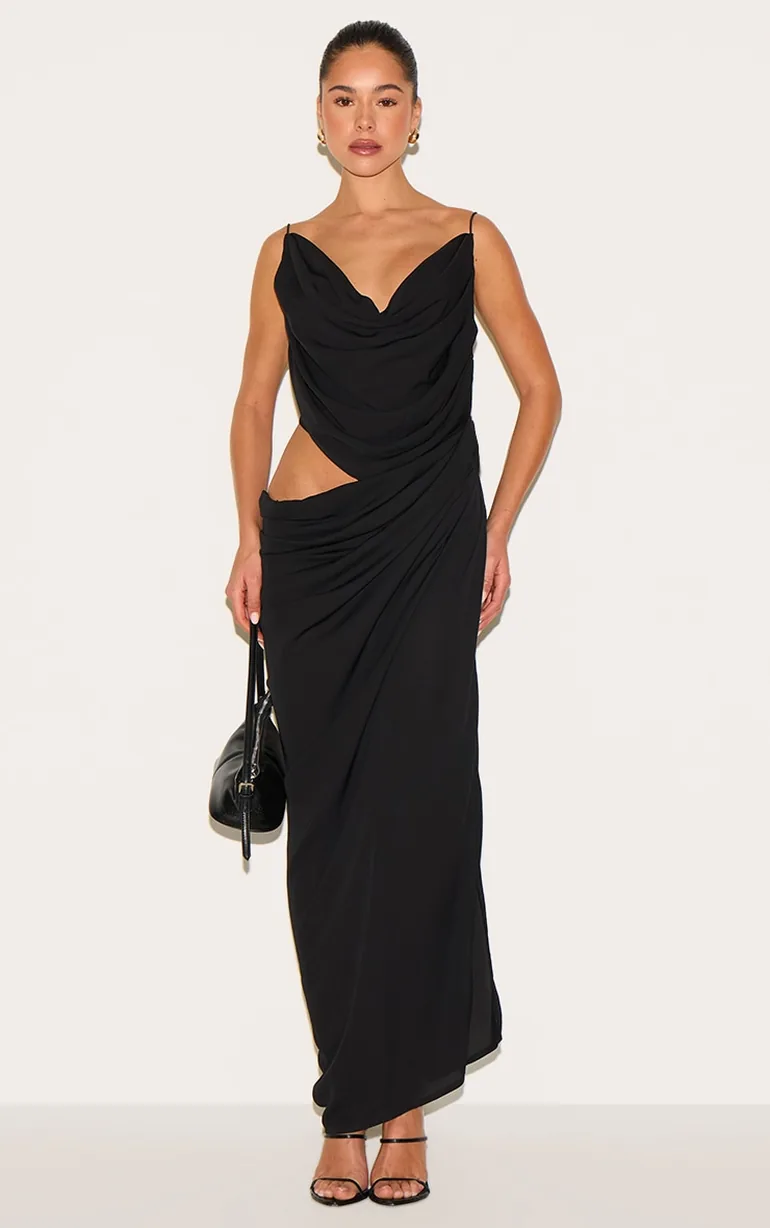 black chiffon drape dress Women's Black Chiffon Plunge Neck Draped Maxi Dress