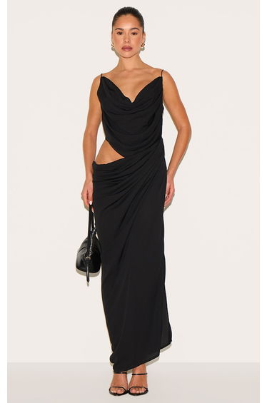 Black Chiffon Drape Cut Out Maxi Dress