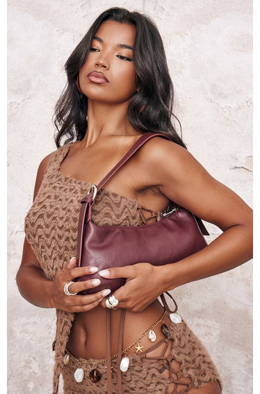 Red Crinkle Pu Buckle Detail Shoulder Bag