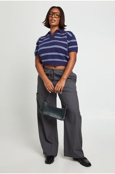 Plus Collar Stripe Knit Top - blue