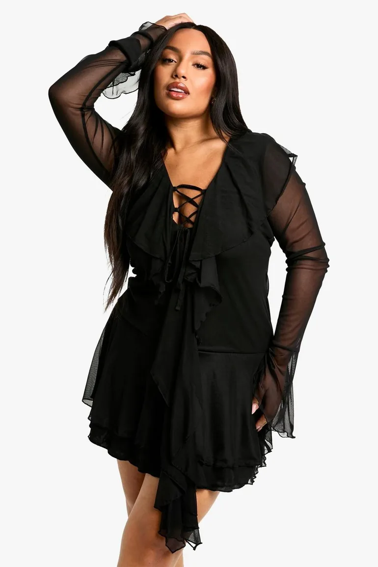 Plus Mesh Ruffle Lace Up Skater Dress - 1