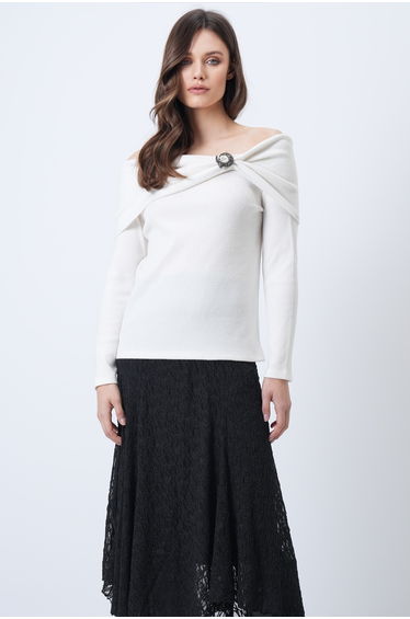 Women's Ecru Madonna Collar Drape and Accessory Detailed Blouse
