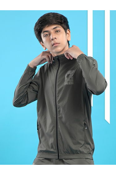 Graphic Print High Neck Jacket with Zipper Detail