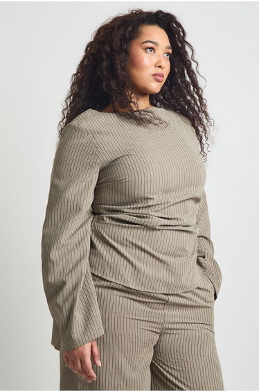 Plus Stripe Ruched Flared Long Sleeve Top
