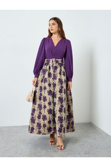 Women Purple Floral Print Balloon Sleeve Maxi Dress