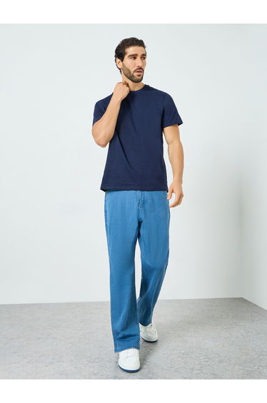 Men Navy Blue Crew Neck Short Sleeve T-Shirt