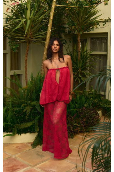 Fuchsia Bandeau Lace Extreme Puffball Maxi Dress
