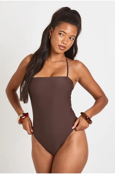 Beaded Trim Halter Plunge Bandeau Swimsuit - chocolate