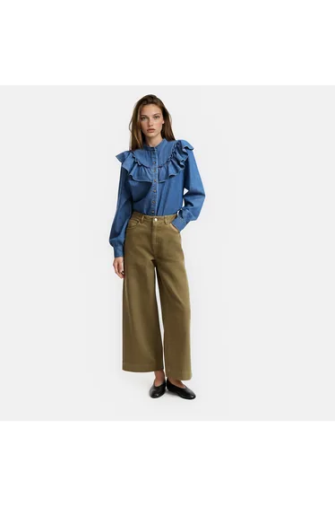 High-Waisted 7/8-Length Cotton Wide Leg Trousers