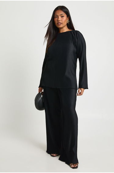Plus Boat Neck Plisse Long Sleeve Top And Wide Leg Trousers Co Ord - black