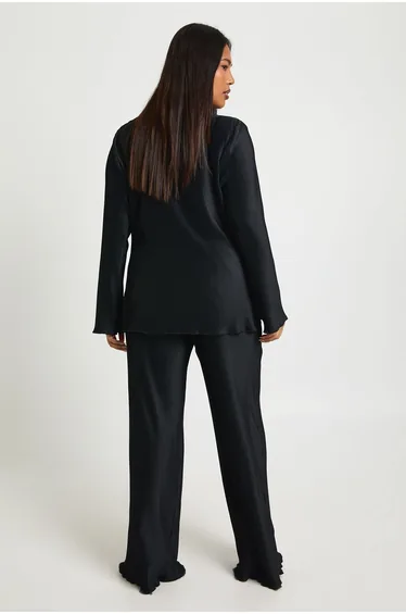 Plus Boat Neck Plisse Long Sleeve Top And Wide Leg Trousers Co Ord - black