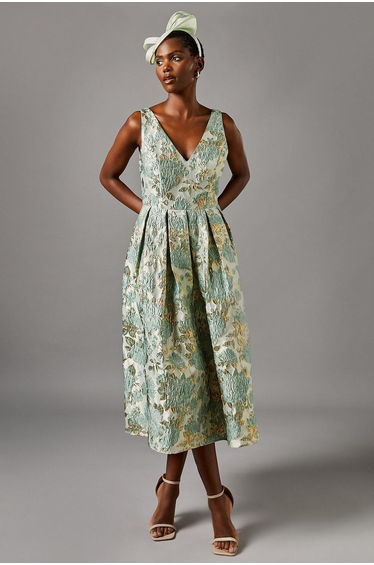 V Neck Floral Jacquard Full Skirt Midi Dress