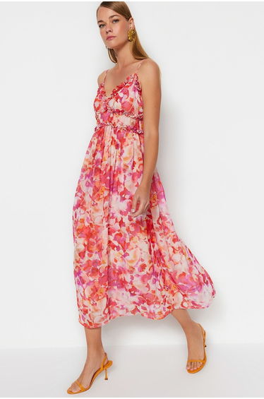 Multi Color Midi Woven Lined Ruffle Detail Woven Dress
