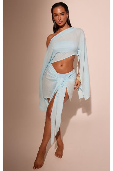 Baby Blue Linen Look Drape Shoulder Top