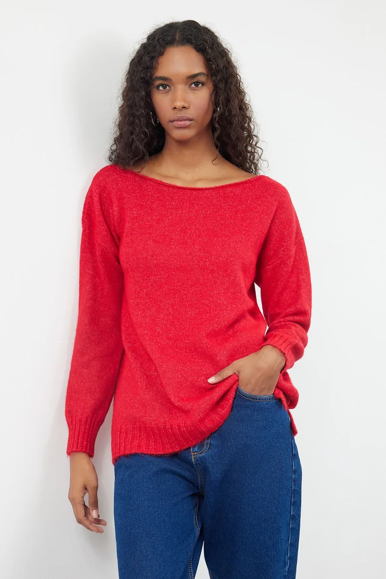 Red Wool Boat Neck Basic Knitwear Sweater