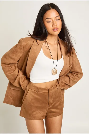 Petite Faux Suede Tailored Mini Shorts - brown