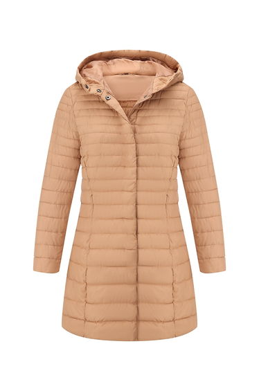 Beige Longline Puffer Coat with Hood