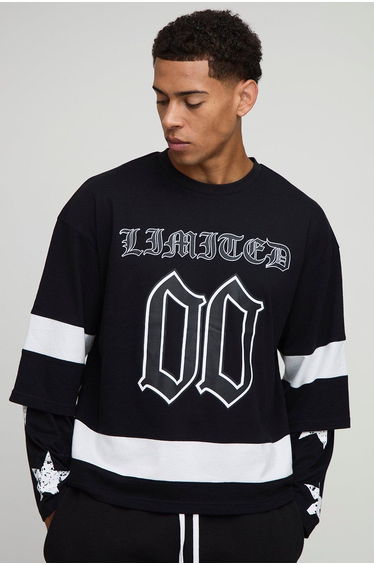 Oversized Boxy Varsity Star Print Faux Sleeve T-Shirt - black