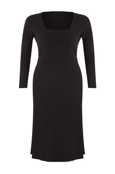 Black Flounced Square Neck Fitted/Fits Body Maxi Stretch Knit Dress