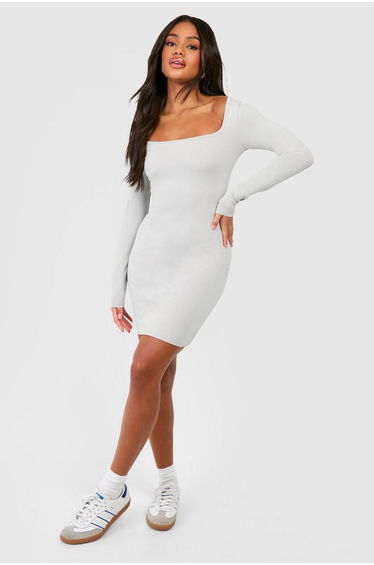 Square Neck Long Sleeve Bodycon Dress - grey