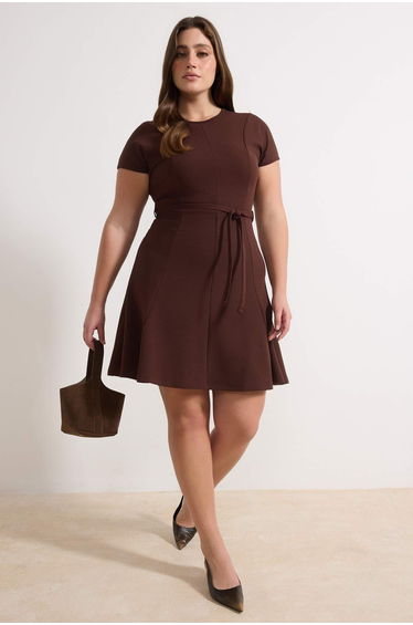 Brown Crew Neck Belted Skater Short/Mini Knitted Plus Size Dress