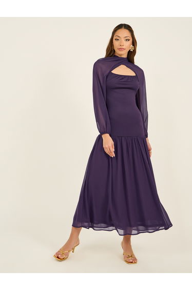 Solid Cape Sleeves Ruffled Hem Maxi Dress