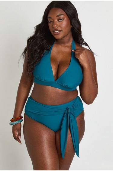 Plus Tummy Control Wrap Detail High Waist Bikini Bottom - teal