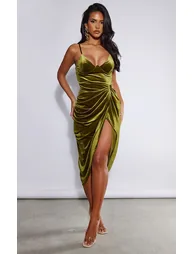 Olive Velvet Underwired Strappy Draped Midi Dress