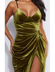 Olive Velvet Underwired Strappy Draped Midi Dress - 3