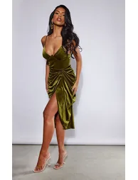 Olive Velvet Underwired Strappy Draped Midi Dress - 2