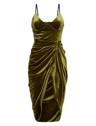 Olive Velvet Underwired Strappy Draped Midi Dress - 4