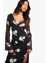 فستان ماكسي شيفون بياقة عميقة بطبعة أزهار - أسود - 3