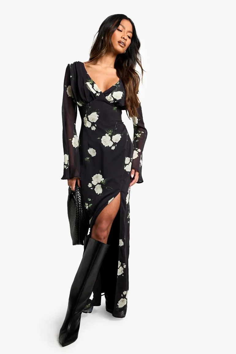 فستان ماكسي شيفون بياقة عميقة بطبعة أزهار - أسود - 1