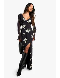 فستان ماكسي شيفون بياقة عميقة بطبعة أزهار - أسود - 1