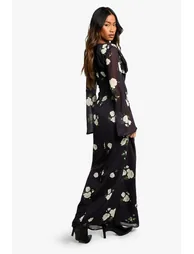 فستان ماكسي شيفون بياقة عميقة بطبعة أزهار - أسود - 2