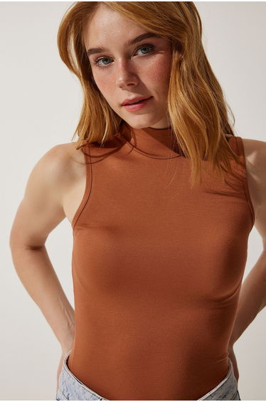 Women's Camel High Neck Sleeveless Viscose Knitted Top