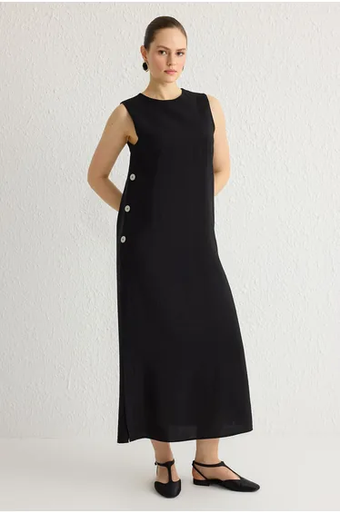 فستان بأزرار - أسود